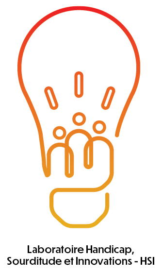 Logo du Laboratoire Handicap, Sourditude et Innovations - HSI. Une ligne passant du rouge au jaune trace le contour d'une ampoule où le filament est remplacé par trois silhouettes de personnes.